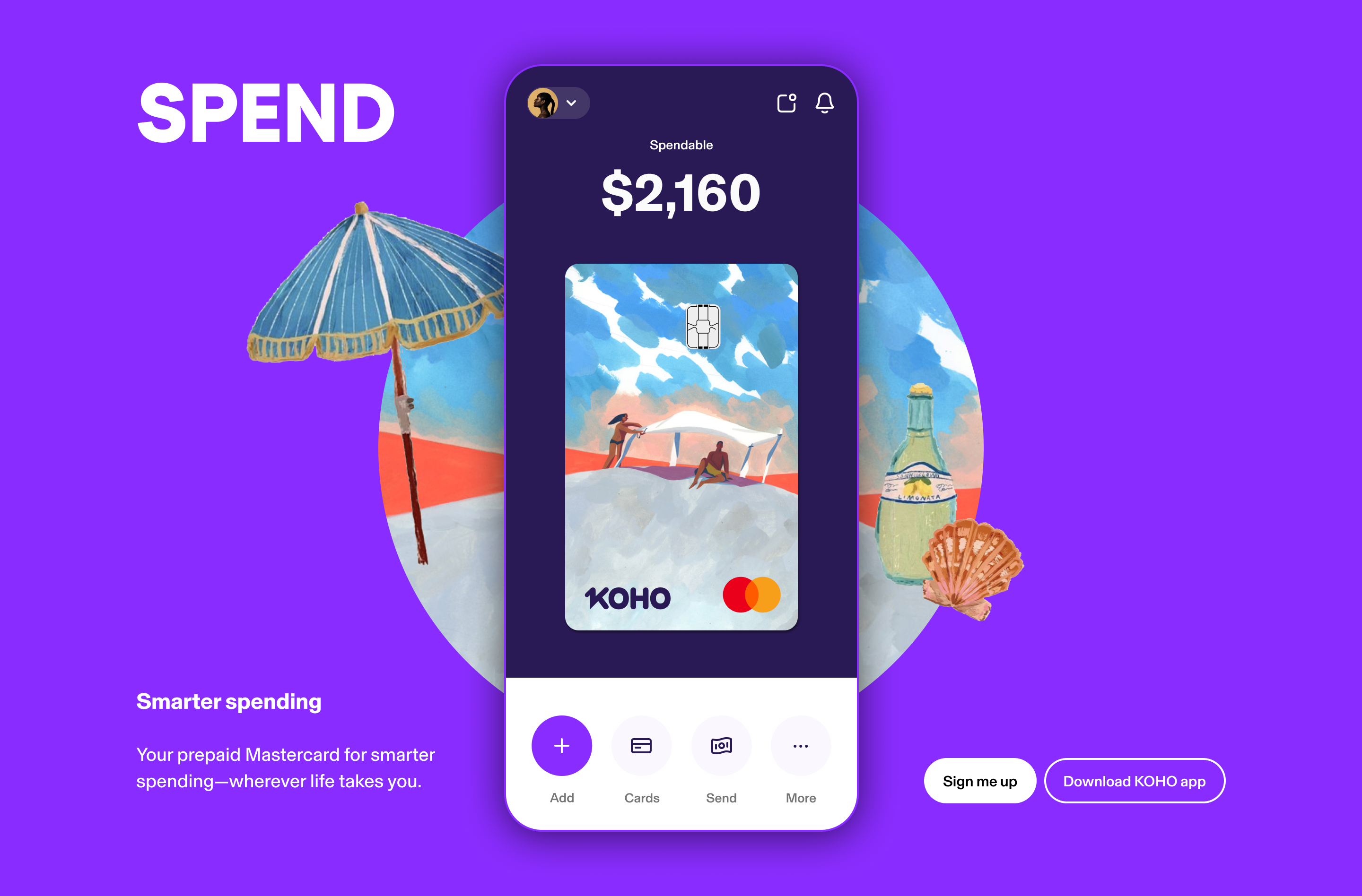 KOHO app interface highlighting prepaid Mastercard balance and beach-themed illustrations promoting smarter spending and lifestyle flexibility.