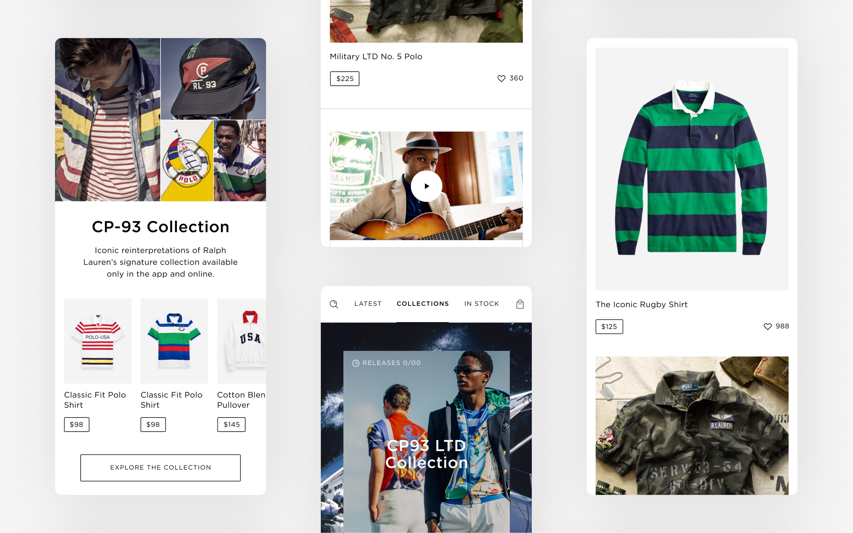 In-app collection page highlighting the CP-93 Collection with product tiles for classic Polo shirts and pullovers, celebrating iconic Ralph Lauren reissues.