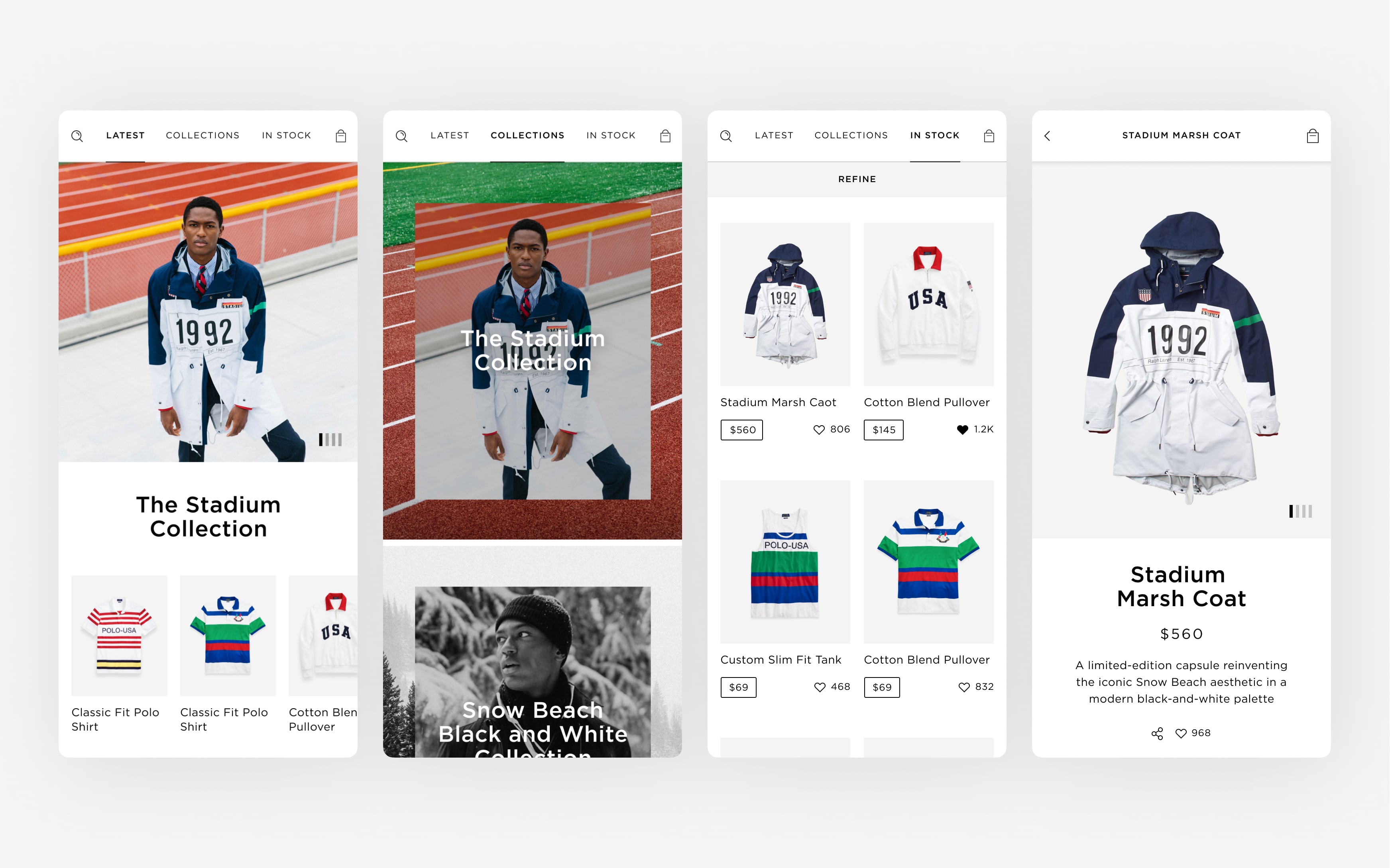 Mobile app showcase of the Stadium Collection, featuring Stadium Marsh Coat, Cotton Blend Pullover, and classic Polo USA styles with in-app browsing and filtering options.