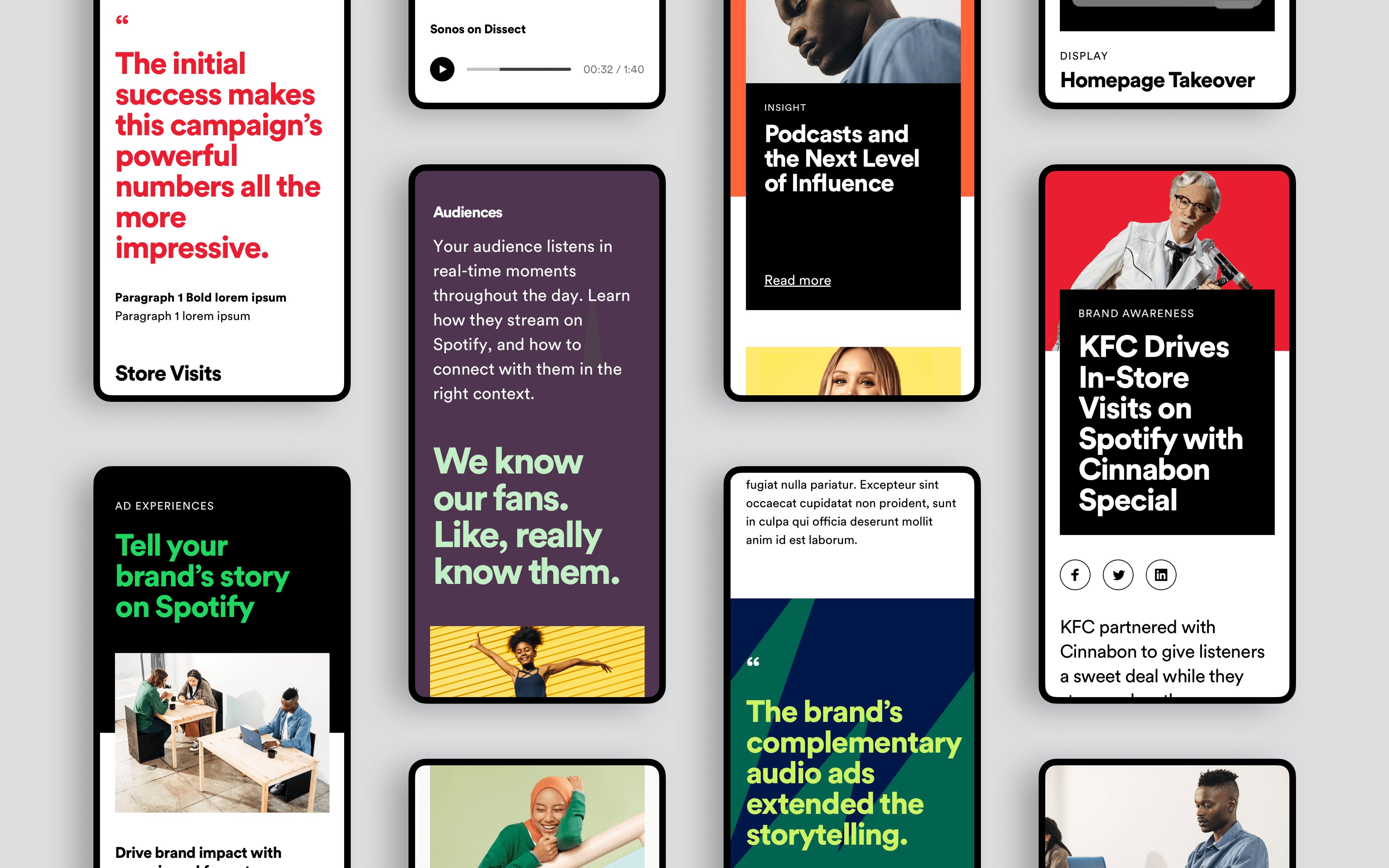 Mobile-style previews of Spotify Ads content, highlighting campaign impact stats, audio formats, branded storytelling, and the connection between fans and streamers.