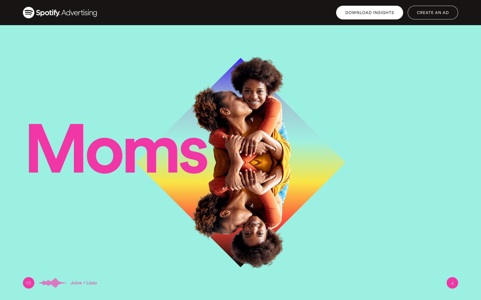 Spotify Wrapped for Advertisers screen featuring “Moms” audience segment with mirrored image of a mother hugging her child on a light aqua background with a gradient diamond behind them.