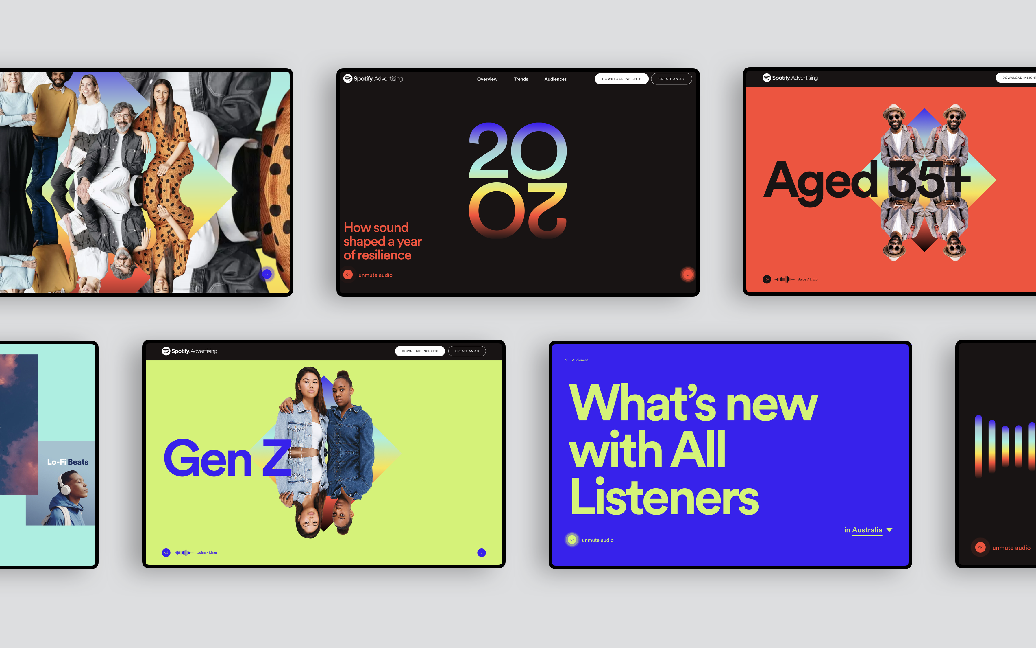 Grid of Spotify Wrapped for Advertisers screen examples showing various audience segments and insights: Aged 35+, Gen Z, All Listeners, with bold typography and bright colorful backgrounds.