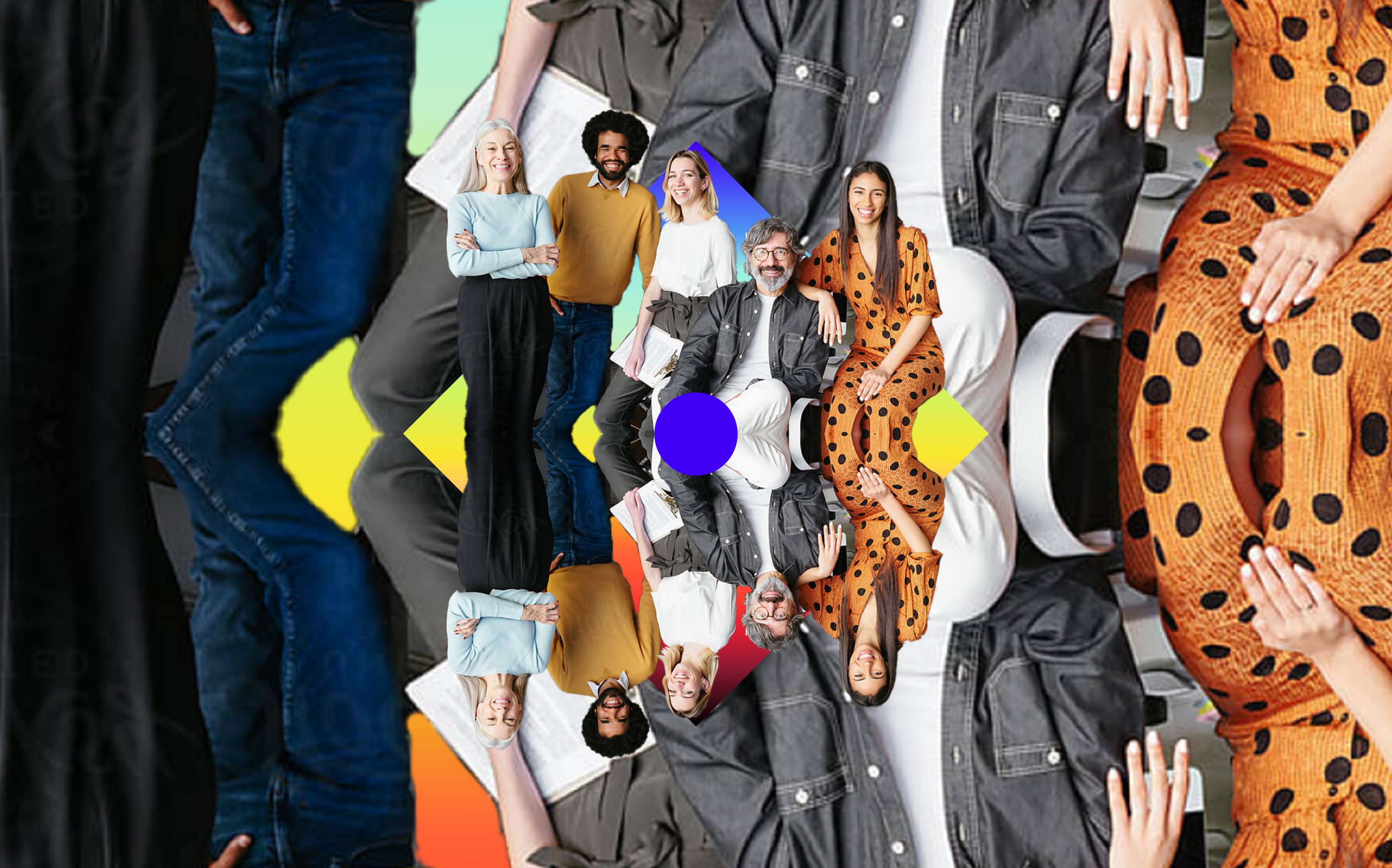 Collage of diverse Spotify listeners arranged in a mirrored diamond pattern on a background of denim and gradient colors; used in Spotify Wrapped for Advertisers audience insights experience.
