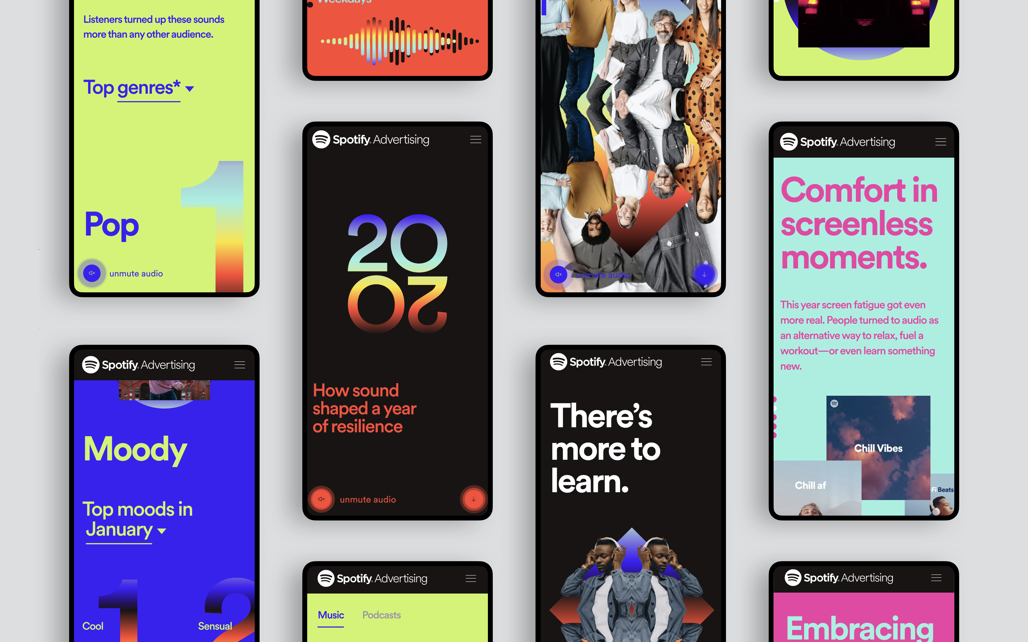 Grid of mobile screens from Spotify Wrapped for Advertisers experience featuring mood insights, top genres, audience segments, resilience messaging, and “screenless moments” narrative.