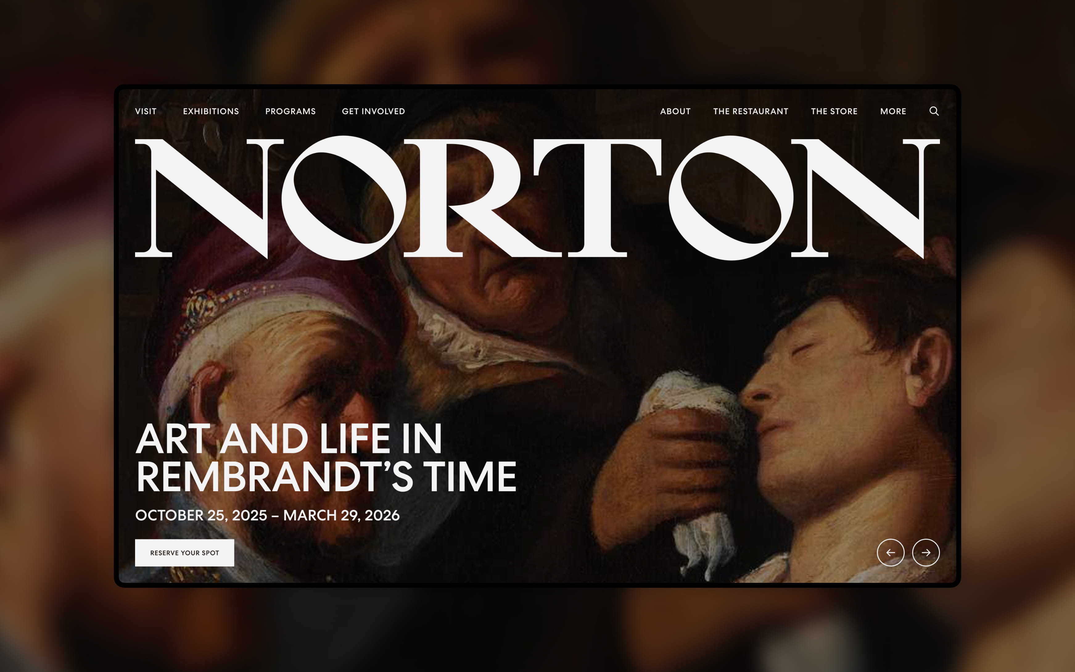 Homepage concept highlighting the exhibition Art and Life in Rembrandt’s Time, using immersive imagery and editorial storytelling to introduce visitors to upcoming exhibitions.