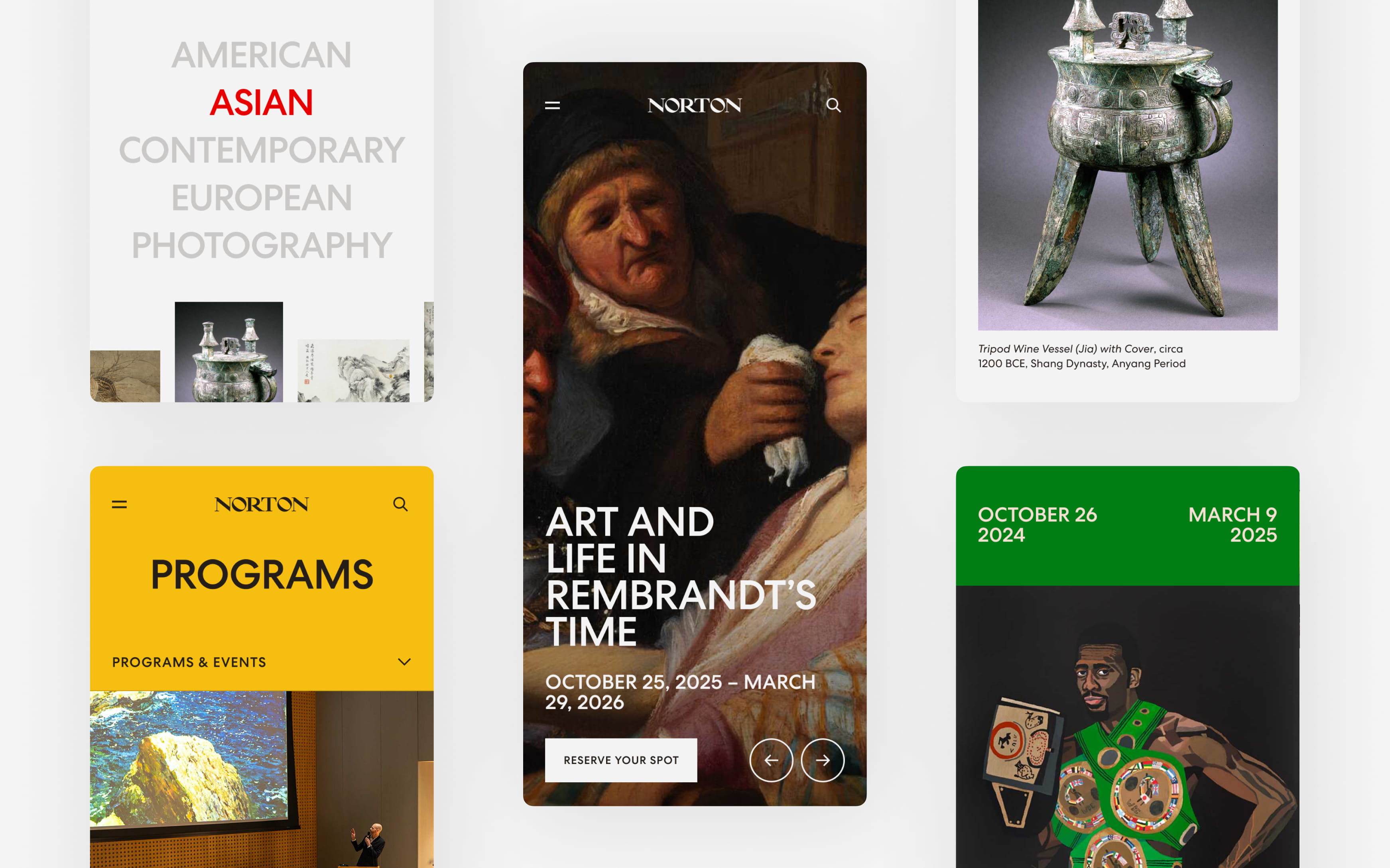 Mobile experience concepts for collections, exhibitions, programs, and events, demonstrating how the museum’s content could be adapted across devices while maintaining a cohesive visual identity.