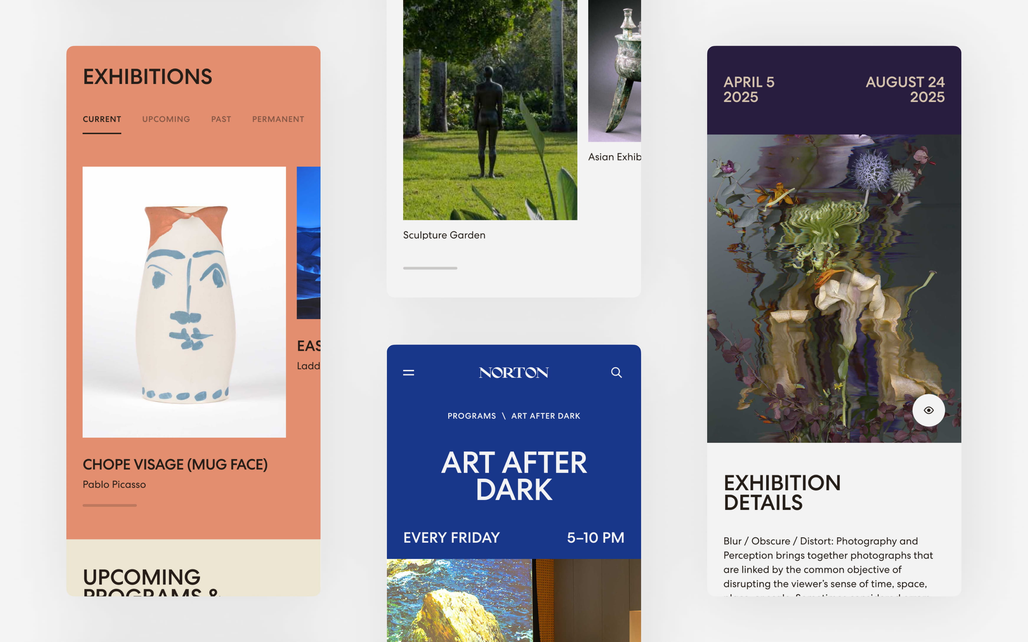 Concept explorations for the Norton Museum of Art, featuring exhibition, program, and collection templates designed to highlight artwork, events, and visitor experiences across desktop and mobile.