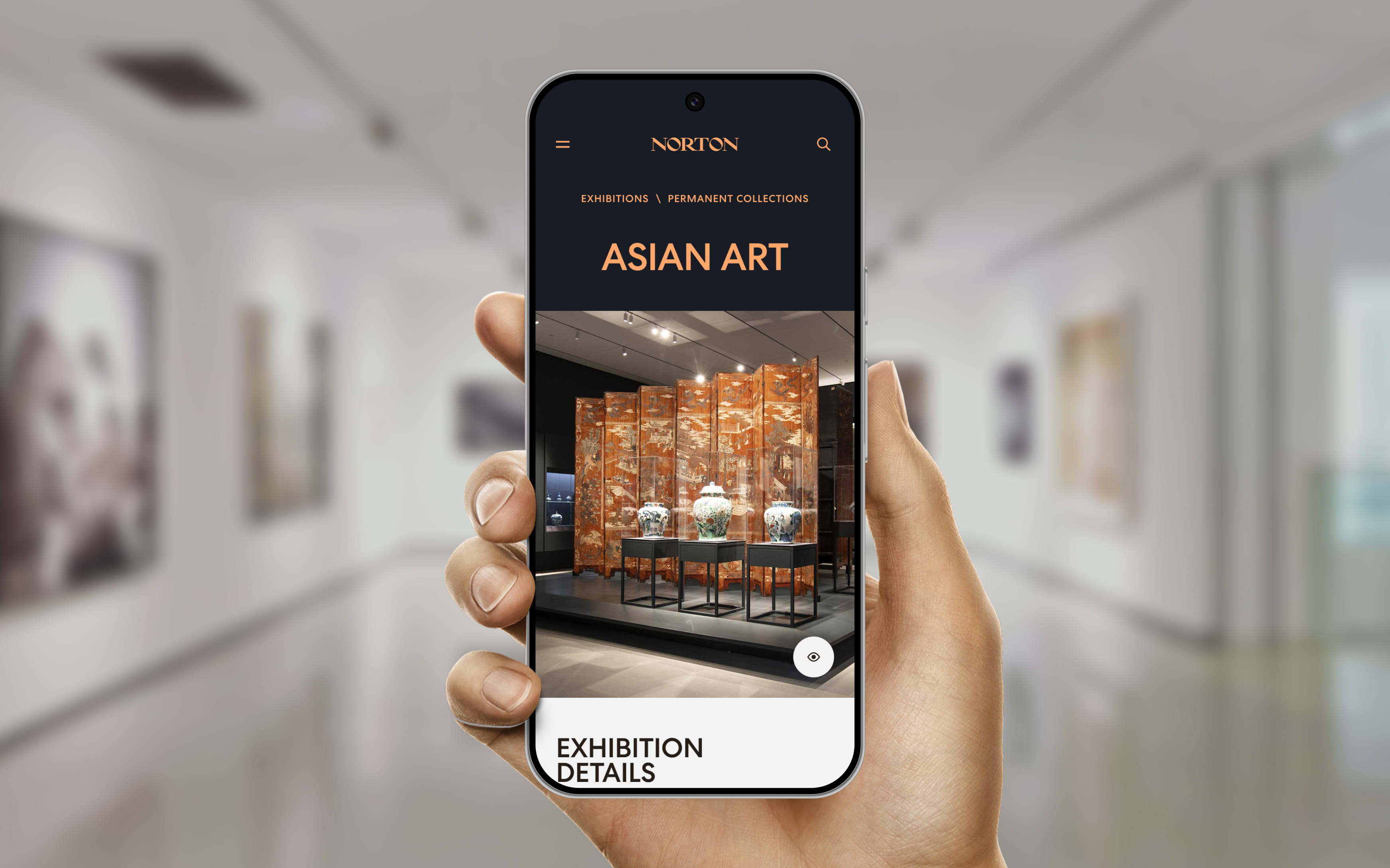 Mobile exhibition detail concept for the Asian Art collection, illustrating how visitors could explore artwork, exhibition information, and collection content from their phones.