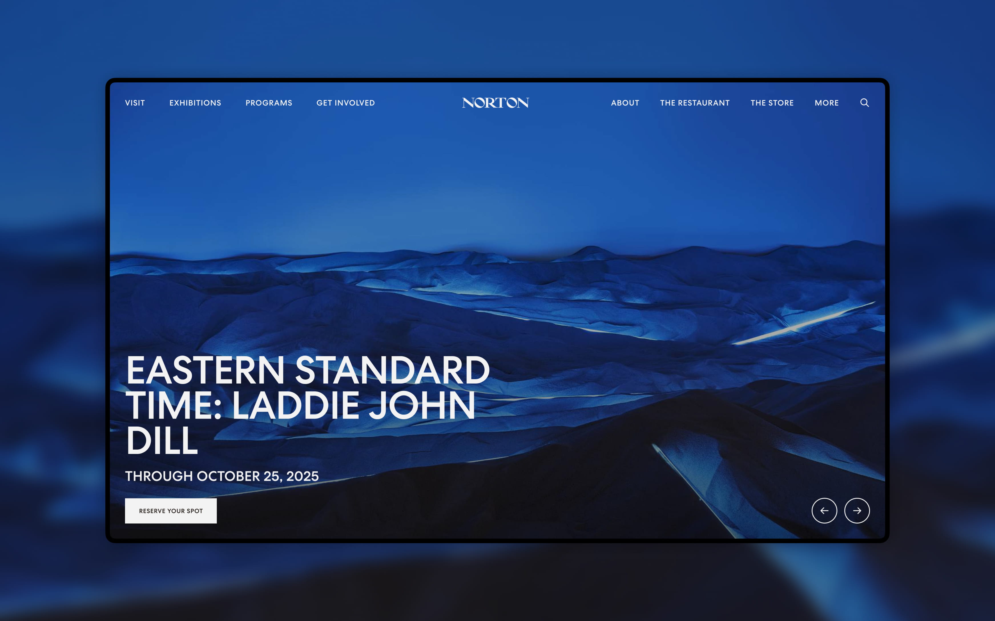 Homepage concept featuring a full-bleed exhibition experience for artist Laddie John Dill, designed to foreground artwork and encourage deeper exploration of museum programming.