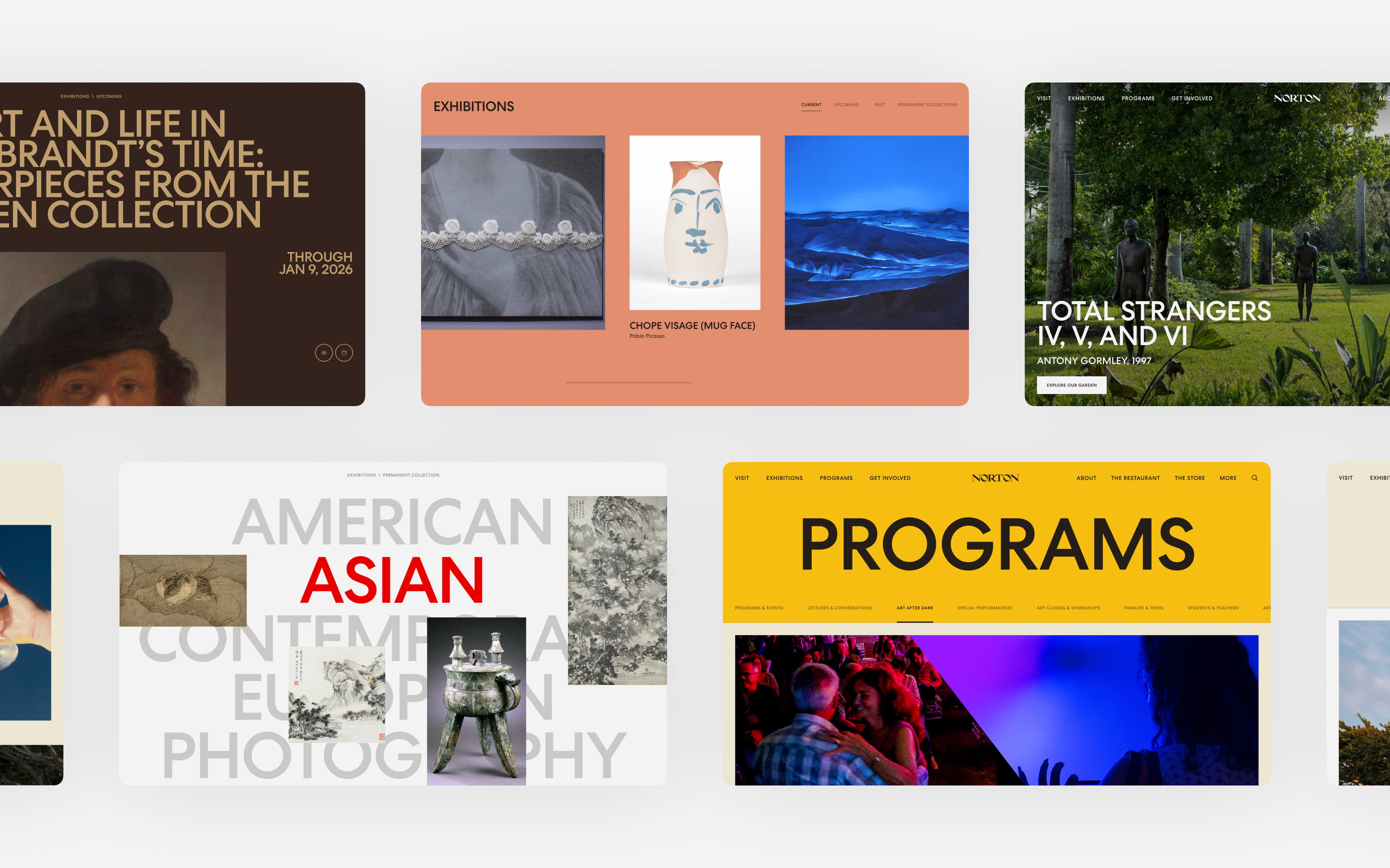 Overview of proposed website experiences for exhibitions, collections, programs, and visits, illustrating a flexible visual system designed to support the museum’s evolving digital presence.