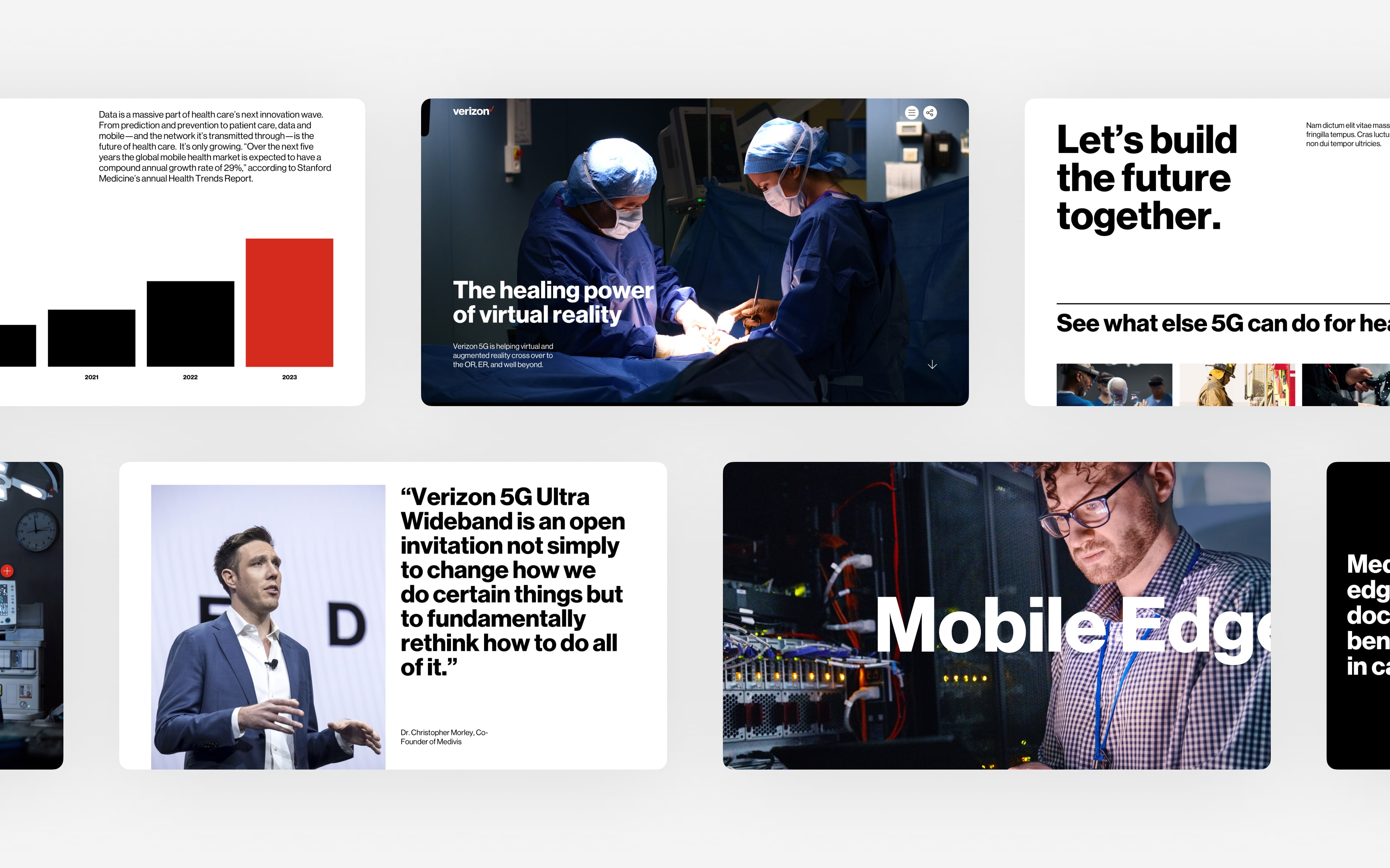 Collage of Verizon 5G use cases, including virtual reality in healthcare, business data visualizations, expert speakers, and mobile edge computing.