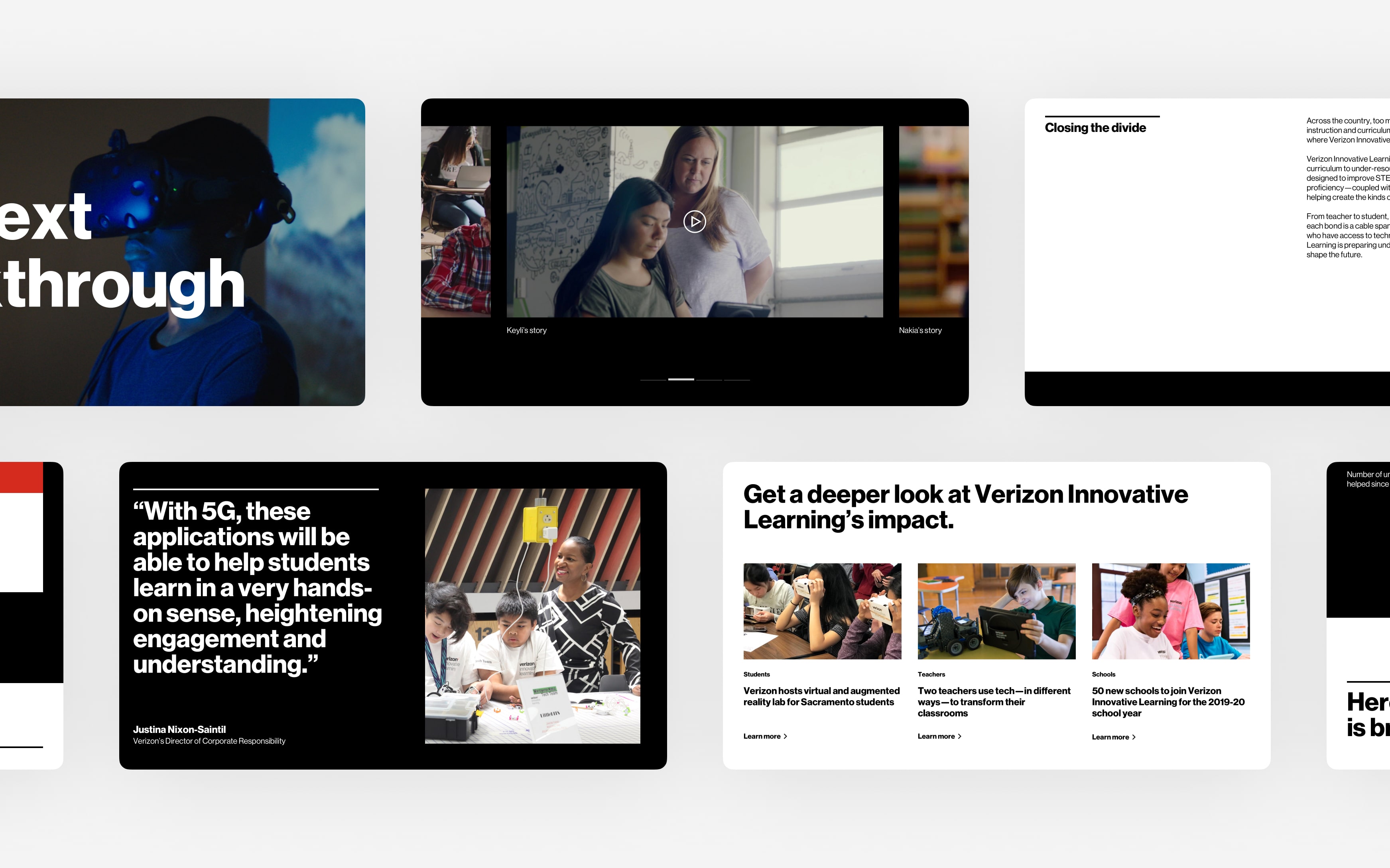 Interactive case study visuals highlighting Verizon Innovative Learning’s role in bridging the digital divide, promoting hands-on learning, and expanding 5G-powered school access.