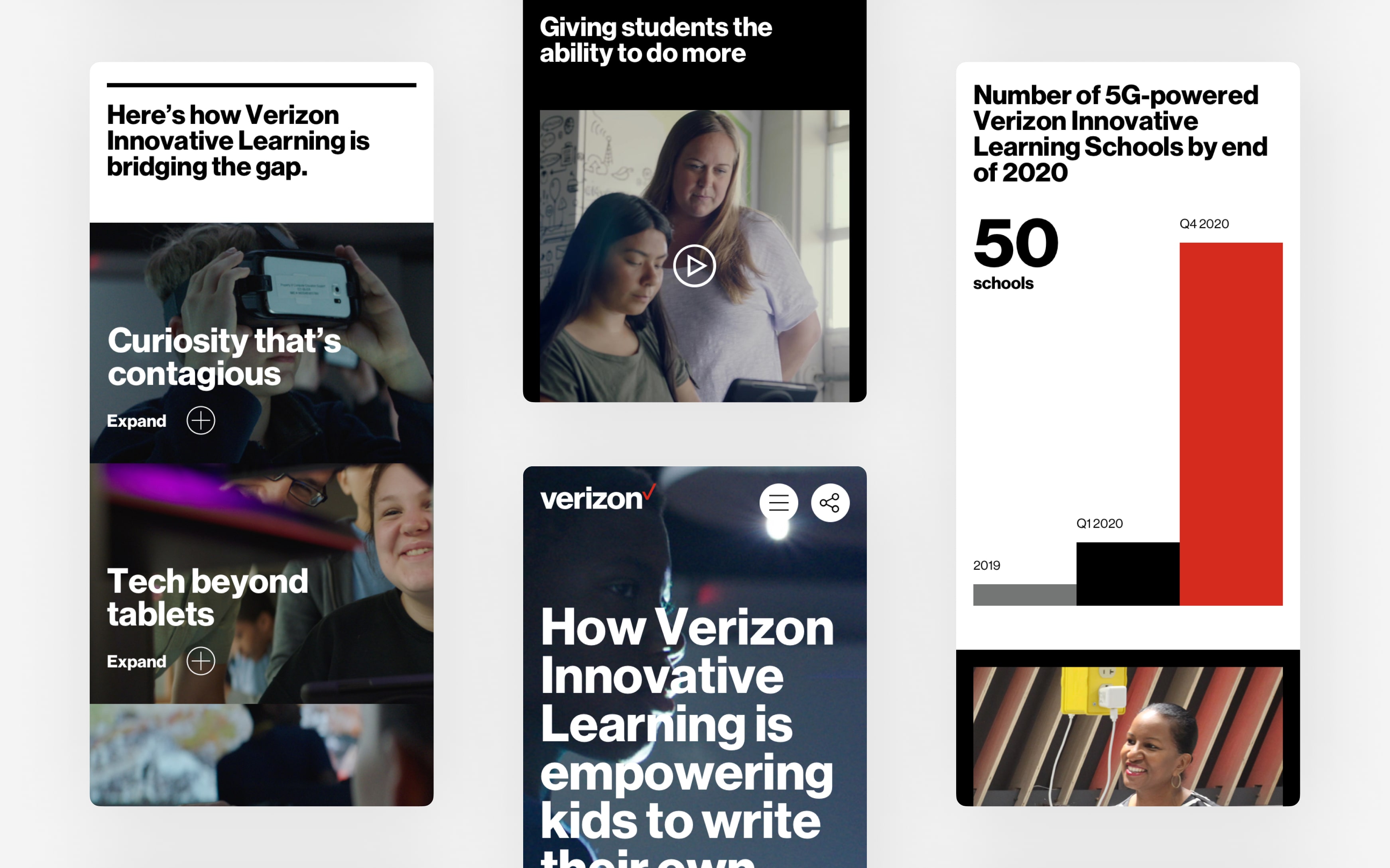 Showcase of Verizon Innovative Learning initiatives — classroom VR experiences, teacher-student interactions, STEM education, and student technology exploration.