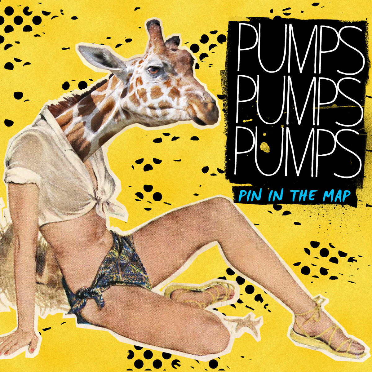 Woman’s body with giraffe head on yellow background.